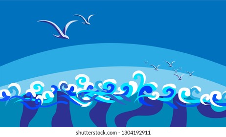 Seagulls fly over north sea, blue waves and white foam, ocean is storm