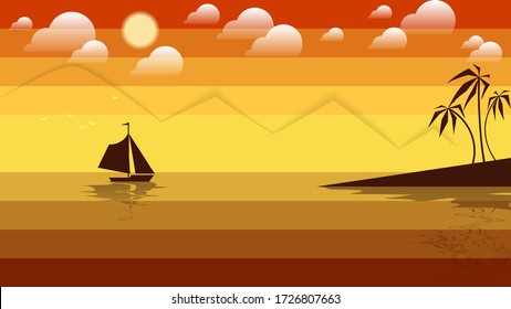 Seagulls fly over a sailboat that floats in the bay near the shore with palm trees in the background, mountains, sky, with the sun and clouds. vector