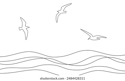 Seagulls fly over the sea. Seascape with waves and seagulls. One line drawing.