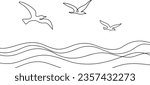 Seagulls fly over the surface of the sea. Small waves. World Maritime Day. One line drawing for different uses. Vector illustration.