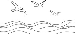 Seagulls Fly Over The Surface Of The Sea. Small Waves. World Maritime Day. One Line Drawing For Different Uses. Vector Illustration.