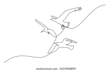 Seagulls fly over the surface of the sea. Small waves. World Maritime Day. template