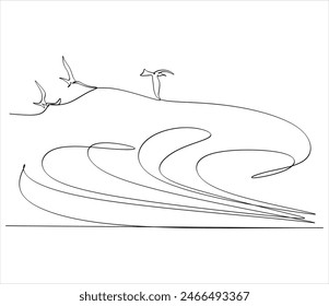 Las gaviotas vuelan sobre la superficie del mar. Pequeñas olas. Día Marítimo Mundial. Dibujo de una línea para diferentes usos. Ilustración vectorial sin inteligencia artificial