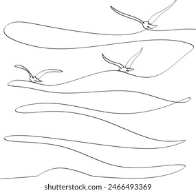 Seagulls fly over the surface of the sea. Small waves. World Maritime Day. One line drawing for different uses. Vector illustration without artificial intelligence