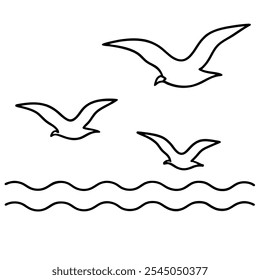 Gaivotas voam sobre a superfície do mar. Ondas pequenas. Desenho de uma linha para usos diferentes. Ilustração vetorial. isolado com fundo branco.