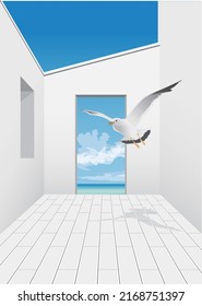 Seagulls fly through the white building with a view of the ocean.vector illustration