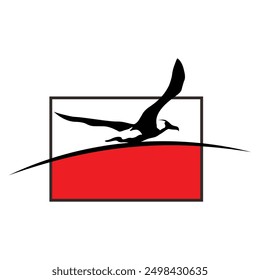 Seagulls flying across the horizon in a black and red square frame.