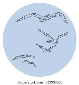 Seagulls, flying birds abstract polygons illustration, black lines polygonal design on blue background, vector file