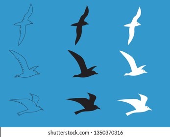 Seagulls flying in a blue sky. Cartoon Atlantic sea bird. White and black silhouettes and outline seagulls. Isolated birds for coloring, elements for decorations, mobile games, applications