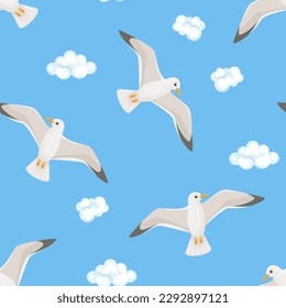 Seagulls flying in the blue sky. Seamless pattern with sea birds and white clouds. Vector cartoon flat illustration. Marine background.