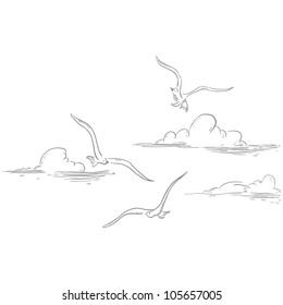 Seagulls flying in the clouds. Vector illustration.