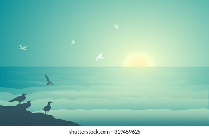 seagulls flying in the early morning, seagulls nest, tranquil sea landscape with birds in soft blue and yellow color, sea sunrise,  vector