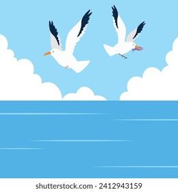 Seagulls flying on the blue sky background. vector illustration