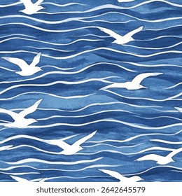 Seagulls flying over blue water, grunge lines ikat pattern, stripes seamless pattern, Vector illustration background for print the paper.