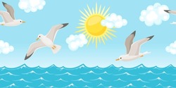 Seagulls Flying Over The Sea Against Blue Sky, Sun And White Clouds. Banner With Seascape. Vector Cartoon Illustration. Travel And Vacation Concept.