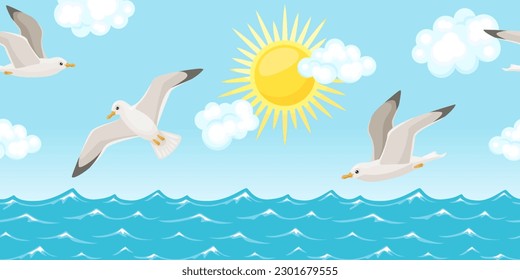 Seagulls flying over the sea against blue sky, sun and white clouds. Banner with seascape. Vector cartoon illustration. Travel and vacation concept.