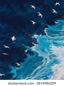 Seagulls Flying Over Turquoise Ocean Waves With White Foam and Deep Blue Water
