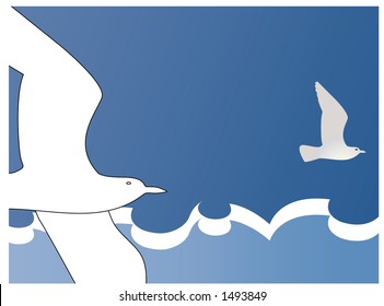 seagulls flying over water and waves
