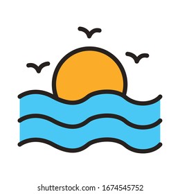 seagulls flying with sun sea animal line and fill style icon vector illustration design