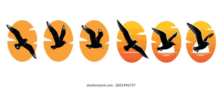 Seagulls Flying at Sunset Silhouette Vector Set - 6 Black Bird Symbols Set Against Orange and Yellow Circular Sun Backgrounds for Coastal, Beach, and Nature Design

