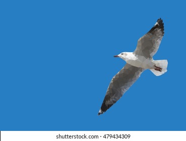 Seagulls are flying wings. Geometric pattern on a bright blue background.
