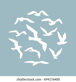 Seagulls - grunge round pattern with white hand-drawn birds