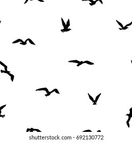 Seagulls - grunge seamless pattern with black little hand-drawn birds
