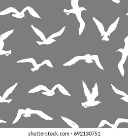 Seagulls - grunge seamless pattern with white hand-drawn birds