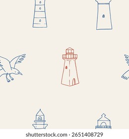 Gaivotas e faróis padrão sem costura, mão desenhado elementos marinhos. Papel de parede vermelho e azul náutico. Vetor vintage mar pescador núcleo ilustração projeto. Fundo oceânico