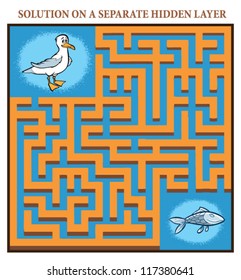 Seagull's Maze Game (help the hungry seagull find his fish - Maze puzzle with solution)