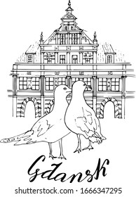 Seagulls on the background of the old city of Gdansk. Vector illustration. Hand-drawn.Handwritten inscription "Gdansk". for design or coloring for children and adults.