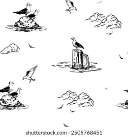 Seagulls on rocks in the sea, seamless, pattern, realistic sketch, hand drawn vector illustration