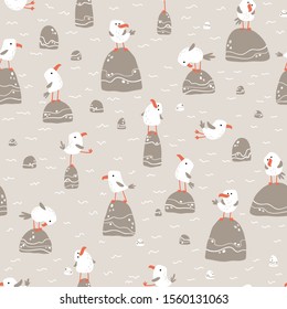 Seagulls on the stones. Vector seamless pattern in hand drawn scandinavian cartoon style. The illustration in a limited palette is ideal for printing on fabric, textiles, wrapping paper for children.