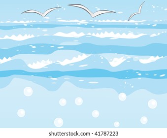 Seagulls over the sea waves. Vector illustration