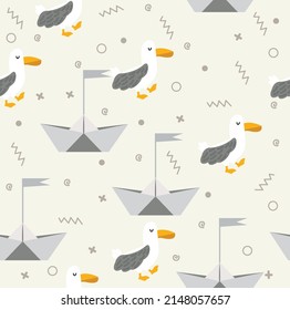  Seagulls with paper boat seamless pattern background