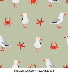 Seagulls pattern. Vector marine illustration with sea birds, crabs and starfish