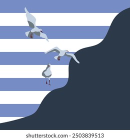 Seagulls poster on the seashore, summer sea mood in flat style vector