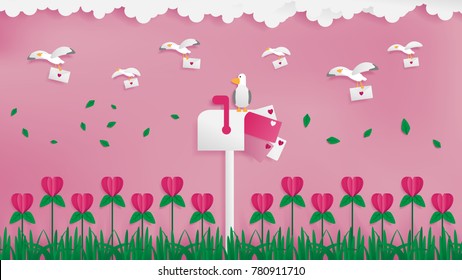 seagulls postman flying over heart flowers garden they 're sending love mail to mailbox ,mailbox stand in middle filled full of love mails ,soft pink background, leafs flowing in the air, cloudy on