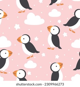 Seagulls and Puffin seamless pattern, vector illustration