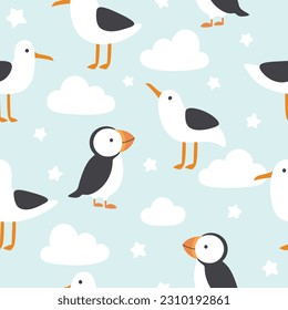 Seagulls and Puffin seamless pattern, vector illustration