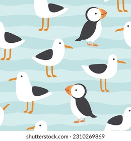 Seagulls and Puffin seamless pattern, vector illustration