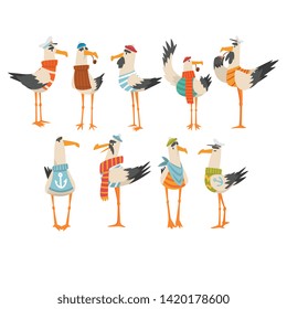 Seagulls Sailors Set, Funny Birds Cartoon Characters Vector Illustration