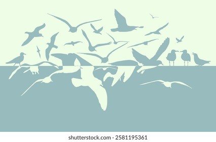 Seagulls and sea background. hand drawing. Not AI. Vector illustration.