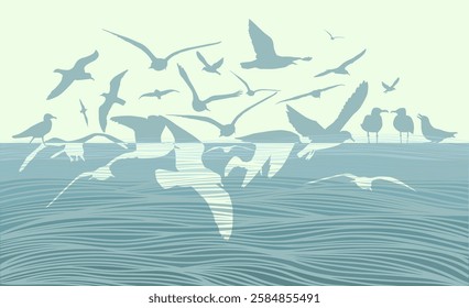 Seagulls and sea background. hand drawing. Not AI. Vector illustration.