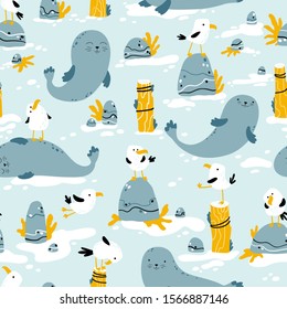 Seagulls and seals. Vector seamless pattern in hand drawn scandinavian cartoon style. The illustration in a limited palette is ideal for printing on fabric, textiles, wrapping paper for children.