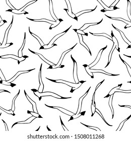 Seagulls. Seamless black white pattern with hand drawn birds. Repeating texture, print for fabric, textile. Marine background with a linear drawings.