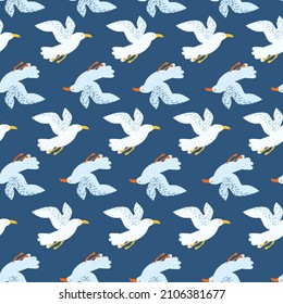 Seagulls seamless pattern. Background of sea birds. Repeated texture in doodle style for fabric, wrapping paper, wallpaper, tissue. Vector illustration.