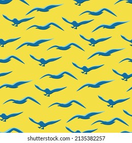 Seagulls seamless pattern. Cartoon gull flying on yellow background. Marine vector endless pattern