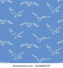 Seagulls seamless pattern. A flock of flying birds seamless pattern on a blue background. Hand drawn line art vector illustration for fabric, wrapping paper, packaging, nautical design, wallpaper.
