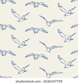 Seagulls seamless pattern. Flock of flying birds seamless pattern on a light background. Hand drawn blue line art vector illustration for fabric, wrapping paper, packaging, nautical design, wallpaper.